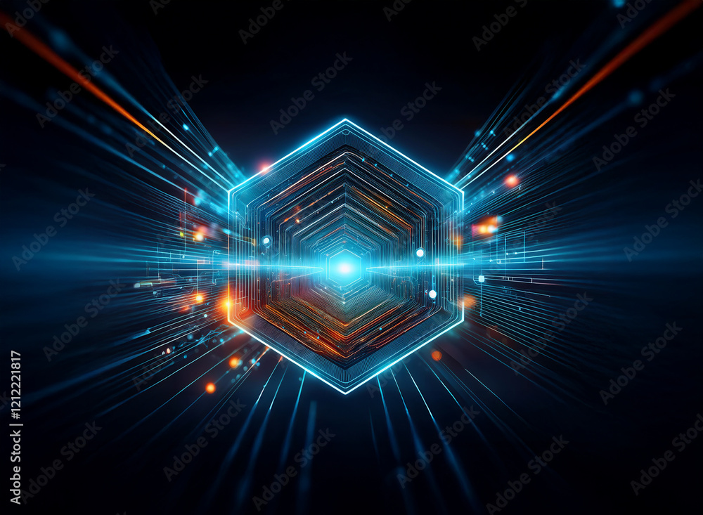 Poster A glowing hexagonal tunnel of light and energy streaks across a dark background, creating a futuristic and dynamic visual.  Bright streaks of orange and blue converge at the center.