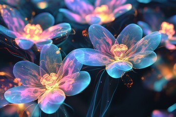 Fototapeta premium Luminous ethereal flowers glow brightly in the dark