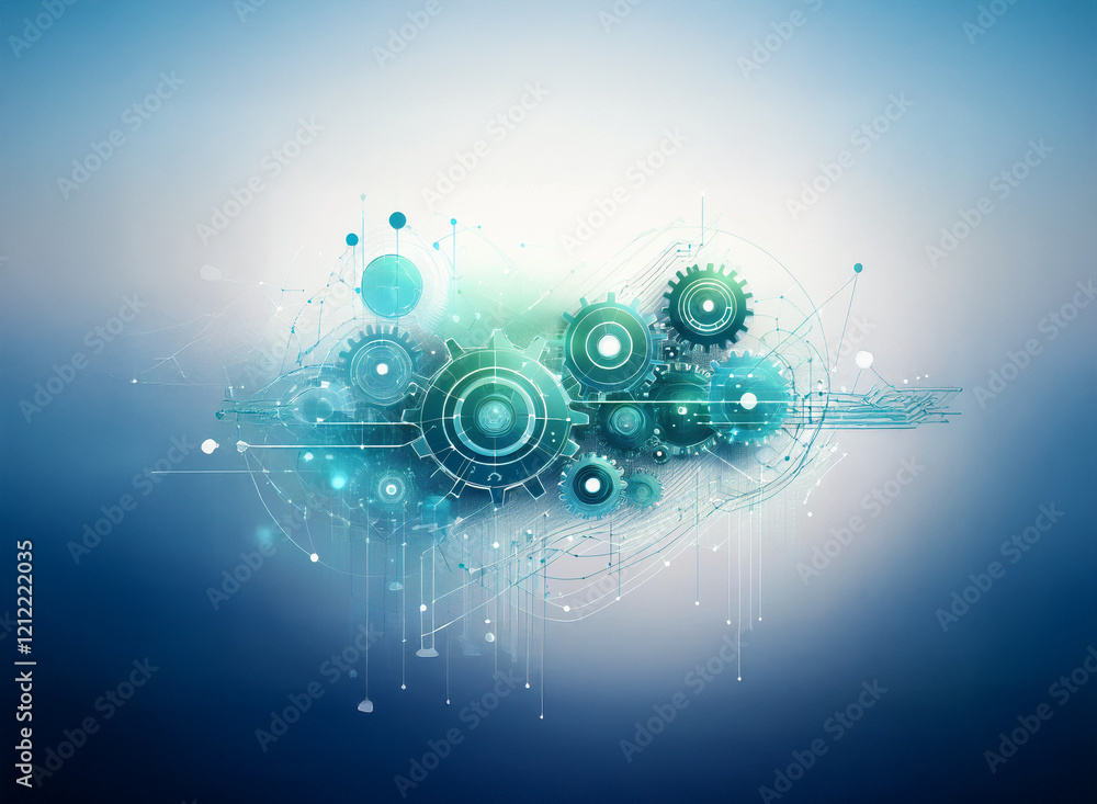 Aufkleber Abstract digital artwork depicting interconnected gears, representing complex systems and technological processes.  Blue and teal color scheme with a blurred background.