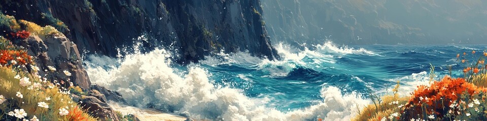 Naklejka premium Dramatic Coastal Waves in Azores, Portugal, cliffs meeting deep blue sea, wildflowers adorning rocky edges, vibrant natural beauty