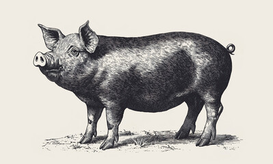 Pig, hog, boar. Vintage retro print, black white pig sketch ink pencil style drawing, linear drawing, engrave old school. Sketch artwork silhouette pig, hog, boar. Side view profile. Illustration