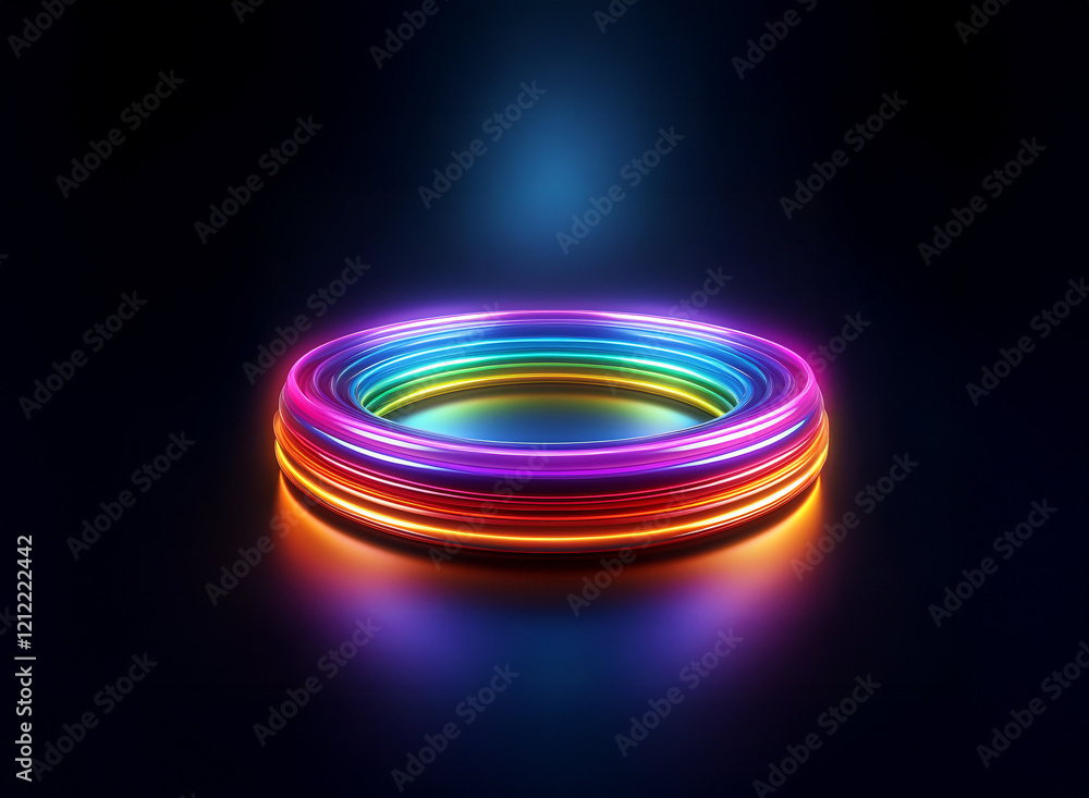 Poster a vibrant, rainbow-hued neon ring glows on a dark reflective surface, creating a captivating, futuri