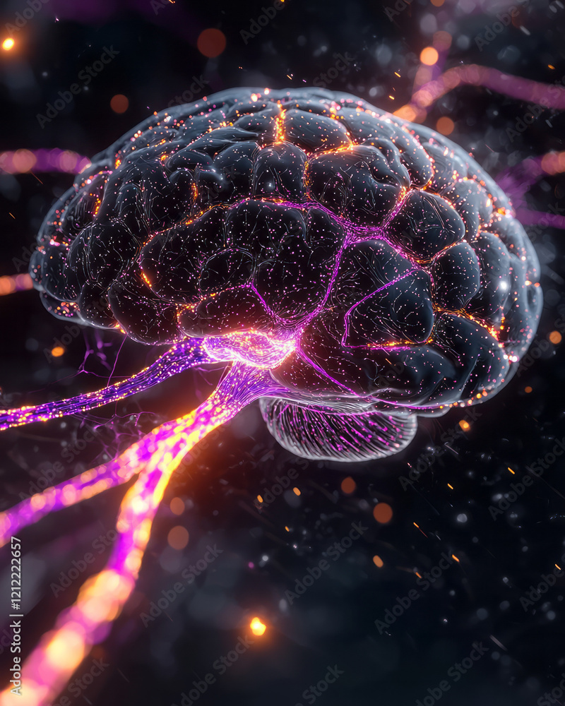 Poster a 3d illustration of the brain with dynamic, glowing neural pathways expanding and intertwining, hig