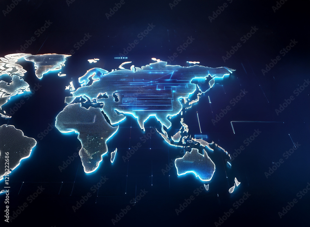 Aufkleber Glowing blue lines trace a digital world map, highlighting global connectivity and data flow.  Digital information overlays the continents.