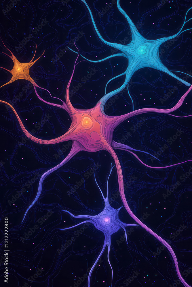 Aufkleber An artistic depiction of neurons with brightly colored synapses forming new links, set against a flowing, abstract background to emphasize the process of neuroplasticity,