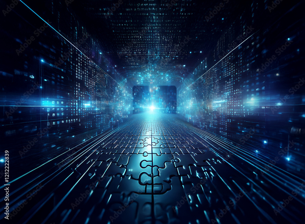 Leinwandbilder A glowing digital tunnel composed of data streams and puzzle pieces leads to a bright, central screen.  It symbolizes technological advancement and interconnectedness.