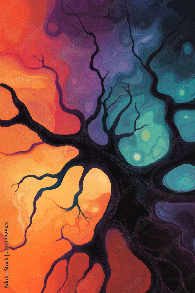 Poster an artistic depiction of neurons with brightly colored synapses forming new links, set against a flo