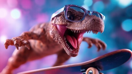 A fierce dinosaur wearing funky glasses skillfully rides a skateboard, representing a blend of...