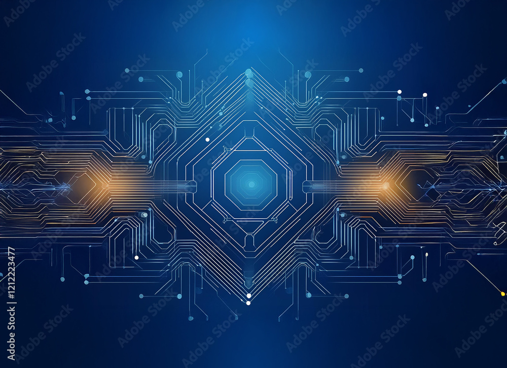 Poster abstract digital circuitry design. a glowing central processor is connected by intricate pathways, r