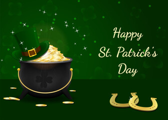 Happy Saint Patrick's Day wishes with pot of gold, leprechaun green hat and golden horseshoes. Background for St. Patrick's Day.