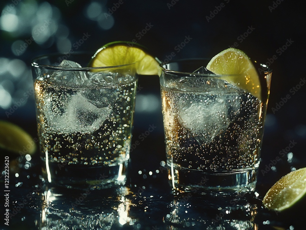 Poster two glasses of sparkling lime water with ice on dark background.