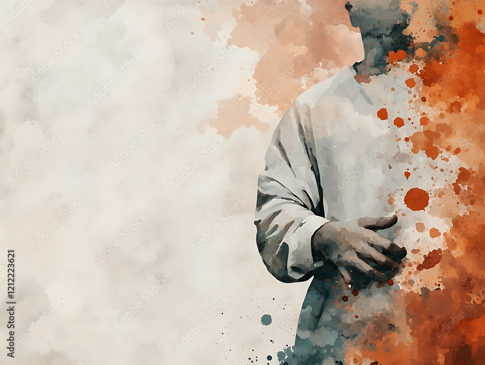 Poster a watercolor-style image featuring a figure with an outstretched hand, blending into abstract splash