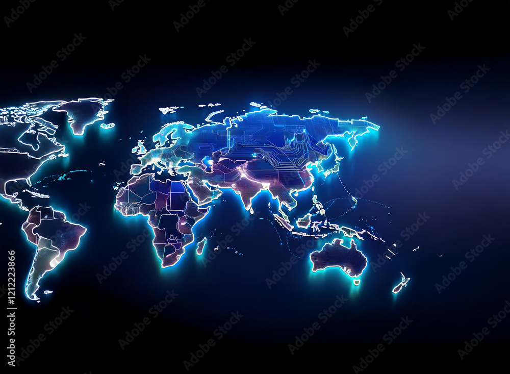 Aufkleber Glowing blue lines illuminate a 3D world map, highlighting global interconnectedness and digital networks.  Data visualization, futuristic technology, and international communication are emphasized.