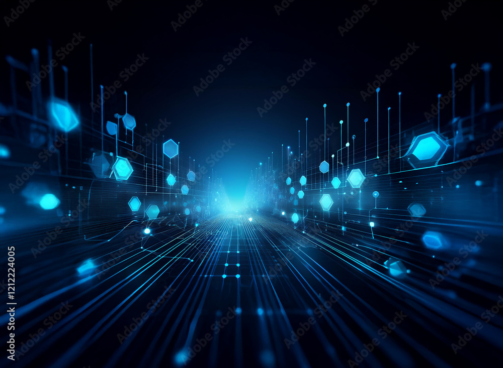 Aufkleber Abstract digital highway of glowing blue lines and hexagons receding into a bright horizon.  Represents futuristic technology, data flow, and digital innovation.
