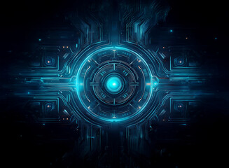 Obraz premium Glowing cyan energy pulses within a dark, intricate technological circular core. Cyberpunk aesthetic, futuristic design.