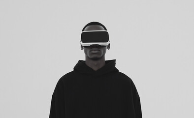 Virtual Reality Experience: A young man wearing a VR headset, experiencing the immersive world of virtual reality. The monochromatic palette adds a sense of futuristic mystery. 