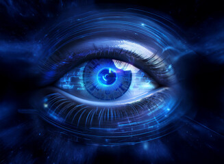 A mesmerizing digital eye, glowing with vibrant blue hues, swirls with intricate circuitry.  The iris pulses with technological energy, hinting at a future of advanced vision and artificial intelligen