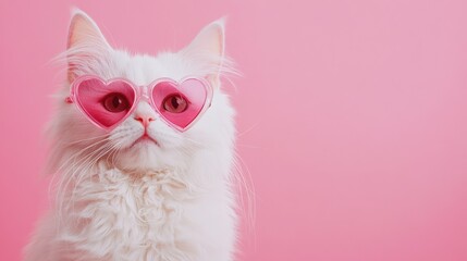 Adorable White Cat Wearing Pink Heart Sunglasses