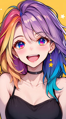 Obraz premium Cheerful anime style girl with vibrant rainbow gradient hair, colorful eyes, and bright smile, wearing black top and star earring.