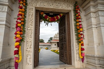 Fototapeta premium An ornate temple doorway adorned with intricate carvings and surrounded by vibrant floral garlands, symbolizing devotion and celebration.