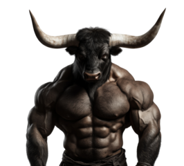 Muscular bull figure showcasing strength and power in a dramatic pose against a plain  on transparent background