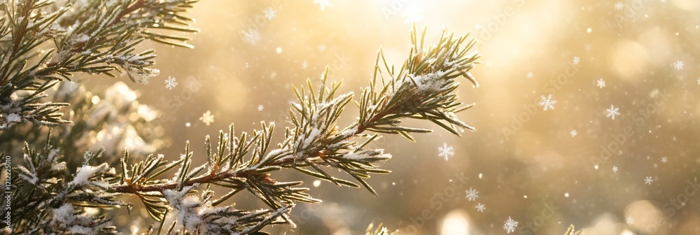 Poster snow-covered pine branch in soft sunlight.