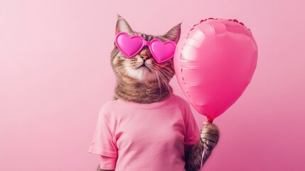 Cute Cat with Pink Heart Sunglasses and Balloon