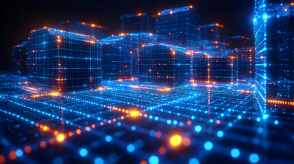 Obraz premium Glowing Digital Cityscape at Night: Futuristic Network and Data Visualization