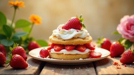 Delightful Strawberry Shortcake with Creamy Topping and Fresh Berries on Rustic Wooden Table