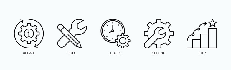 Essential Workflow Tools Icon Set Isolated Vector With Icon Of Update, Tool, Clock, Setting, Step In Outline Style