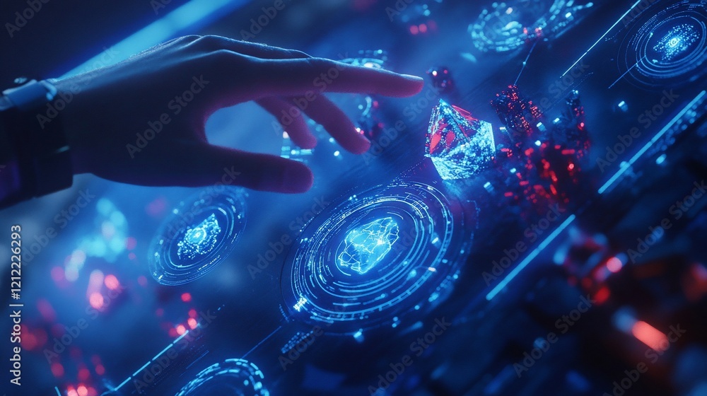 Poster Hand interacting with futuristic holographic interface displaying data, gems, and glowing circles.