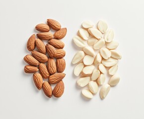 Obraz premium Raw almonds and pumpkin seeds arranged side by side on a light surface for healthy snacking options