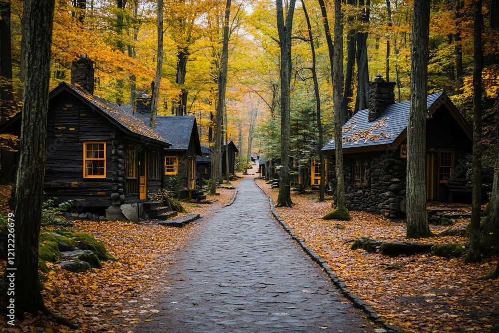 Poster autumnal path lined with rustic cabins in a forest.