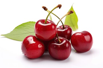Isolated sour cherry with leaf on white background full depth of field