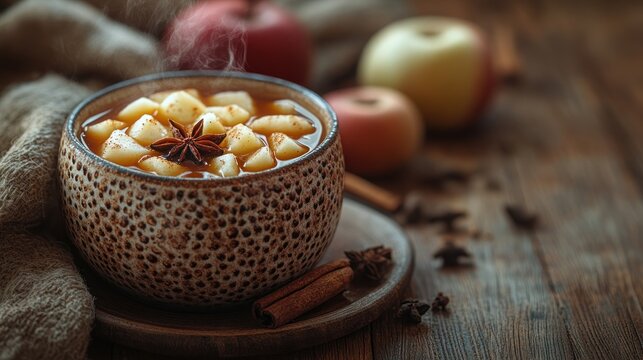 Steaming apple cider bowl, autumn spices, wood background, cozy fall drink - Powered by Adobe