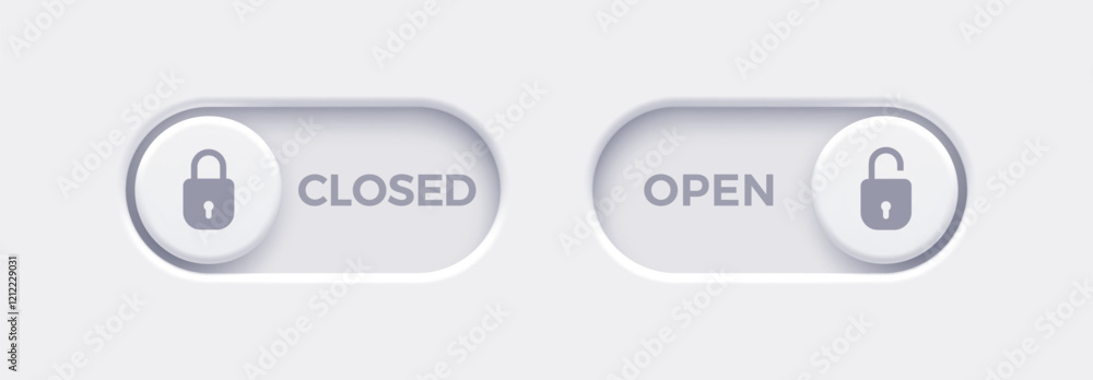 Aufkleber Open and Closed toggle switch buttons with open lock and closed lock icon. Material design switch buttons set. Vector illustration.