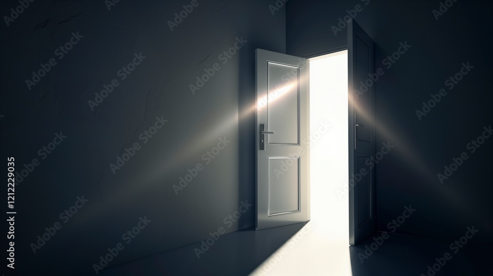 Poster a door is open in a dark room, letting in a bright light. the scene is mysterious and intriguing, as