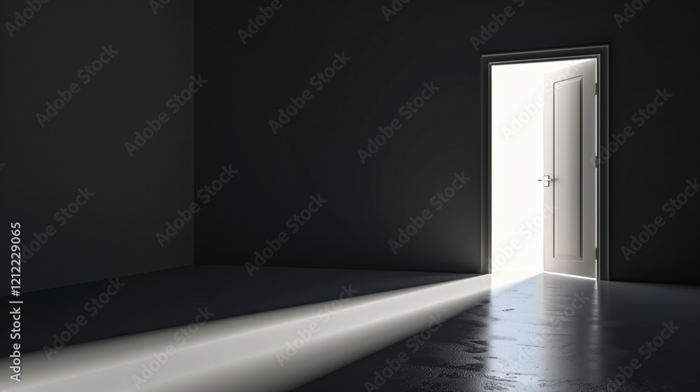 Poster a room with a door that is open and a light shining through it. the room is dark and empty. ai gener