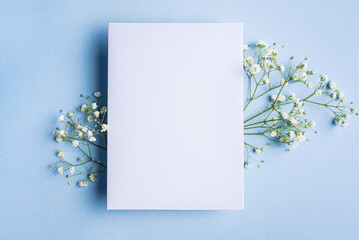 Empty blank card with white gypsohila flowers