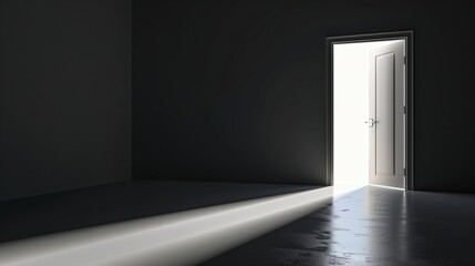 A room with a door that is open and a light shining through it. The room is dark and empty. AI generated.