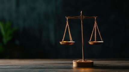 goal of life concept A golden balance scale on a wooden surface against a dark background, symbolizing justice and law.