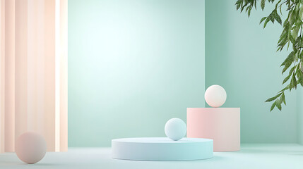 Pastel green room with podiums, spheres, and leaves.