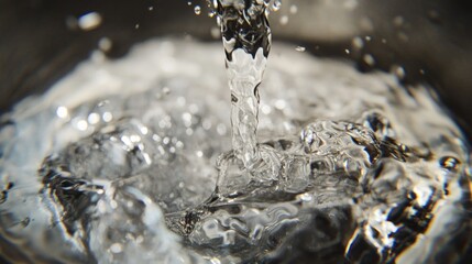 Close-up of water pouring into a bowl, creating ripples and splashes.