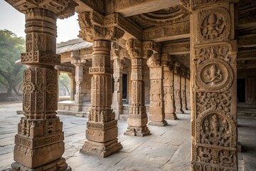 Obraz premium A focused view of the intricate carvings adorning the pillars and arches of a temple, exemplifying timeless architectural beauty