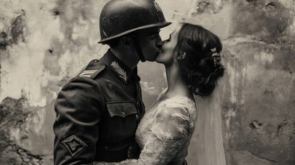 Romantic Soldier Bride Kiss Vintage Photo Black and White