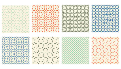 Truchet thin line round shapes seamless pattern collection. Contemporary style outline geometric mosaic patterns with rounded lines. Modern tilt mosaic background set.