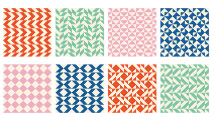 Cute abstract collection of triangle and square seamless patterns. Monochrome Bauhaus pattern set. Geometric tile backgrounds. 