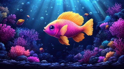 Obraz premium Vibrant underwater scene featuring a colorful goldfish swimming among coral reefs and bubbles