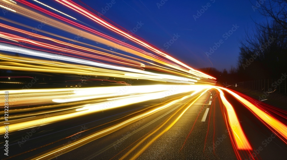 Poster a blurry image of a highway with a bright yellow streak. the streaks are moving and the image is in 