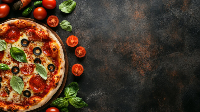 Freshly baked pizza with tomatoes and basil on a rustic black table